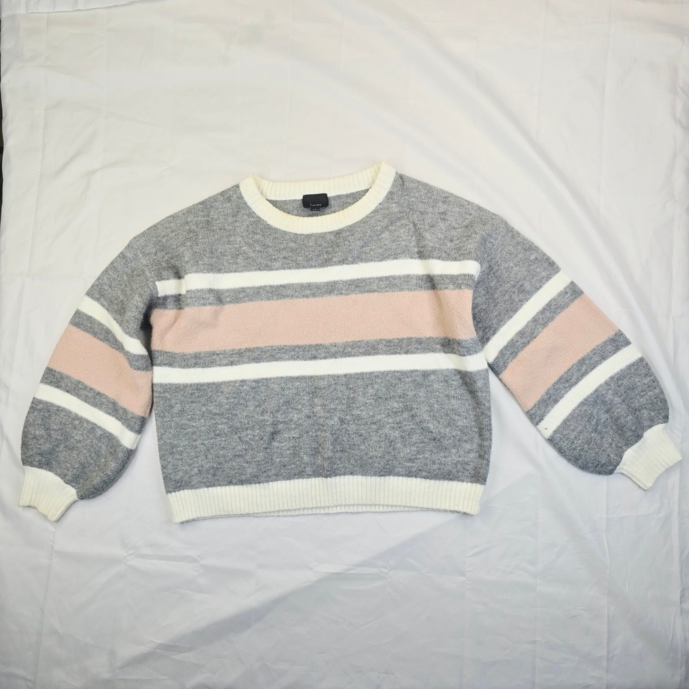 Lumiere Women Striped Crewneck Sweater Large Grey Pink White Balloon Sleeve F89